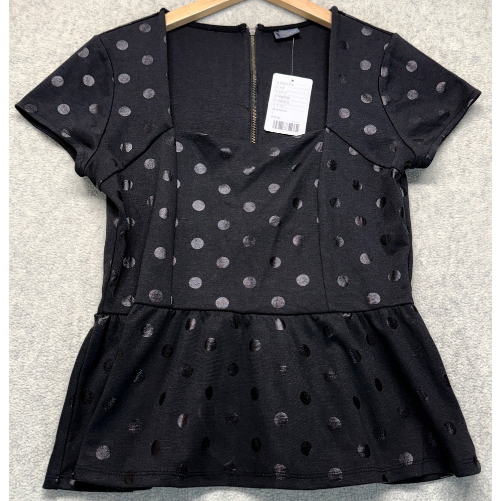 NWT Sparkle & Fade Urban Outfitters Womens Peplum Top Black Polka Dot Back Zip L